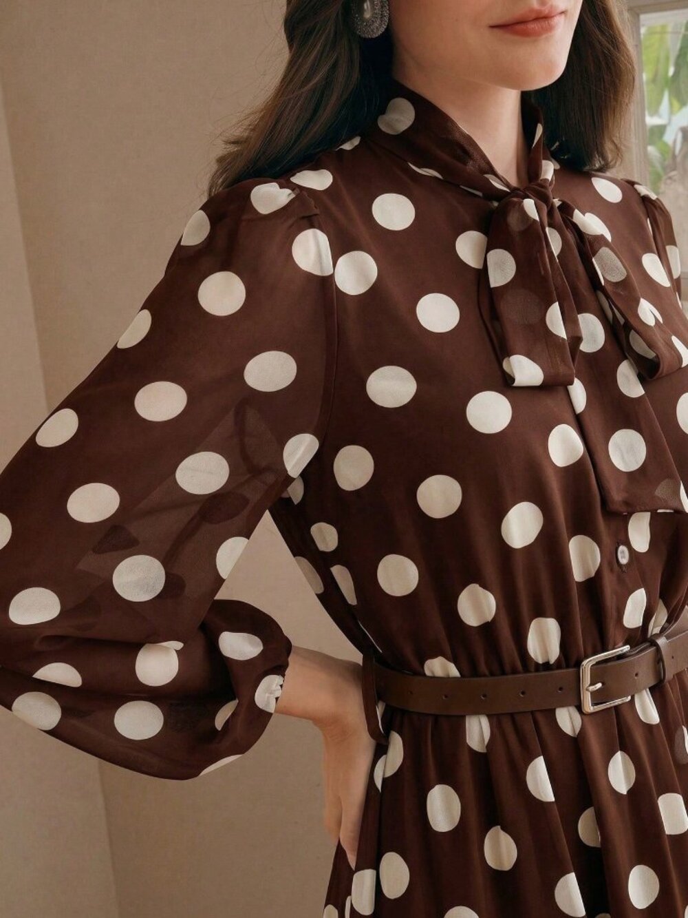 Coffee Elegant Women's Polka Dot Chiffon Lace Tie Waist Long Sleeve Dress - Picture 5 of 7
